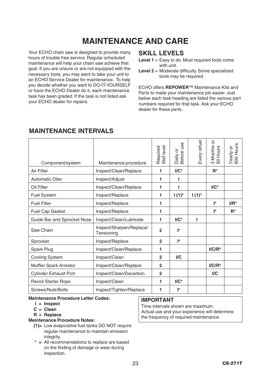 Maintenance and care, Skill levels, Maintenance intervals | Echo CS-271T C21112001001 - C21112999999 User Manual | Page 25 / 36