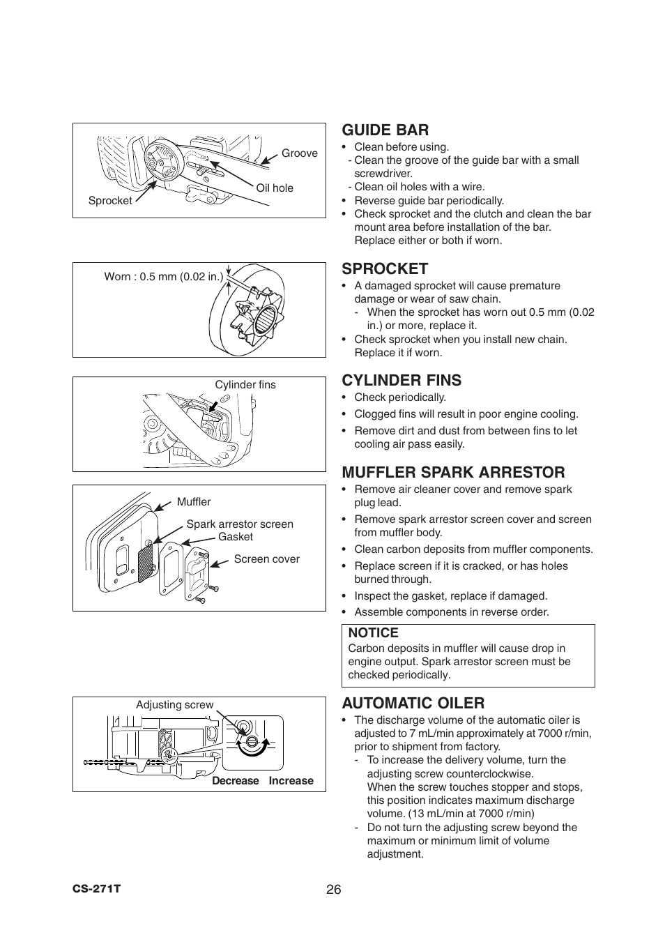 Guide bar, Sprocket, Cylinder fins | Muffler spark arrestor, Automatic oiler | Echo CS-271T C21112001001 - C21112999999 User Manual | Page 28 / 36