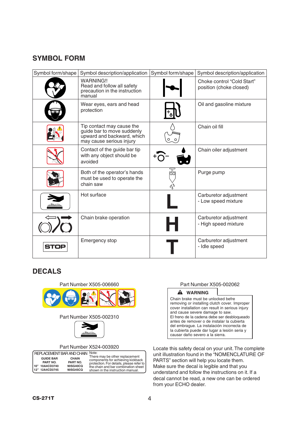 Symbol form, Decals | Echo CS-271T C21112001001 - C21112999999 User Manual | Page 6 / 36