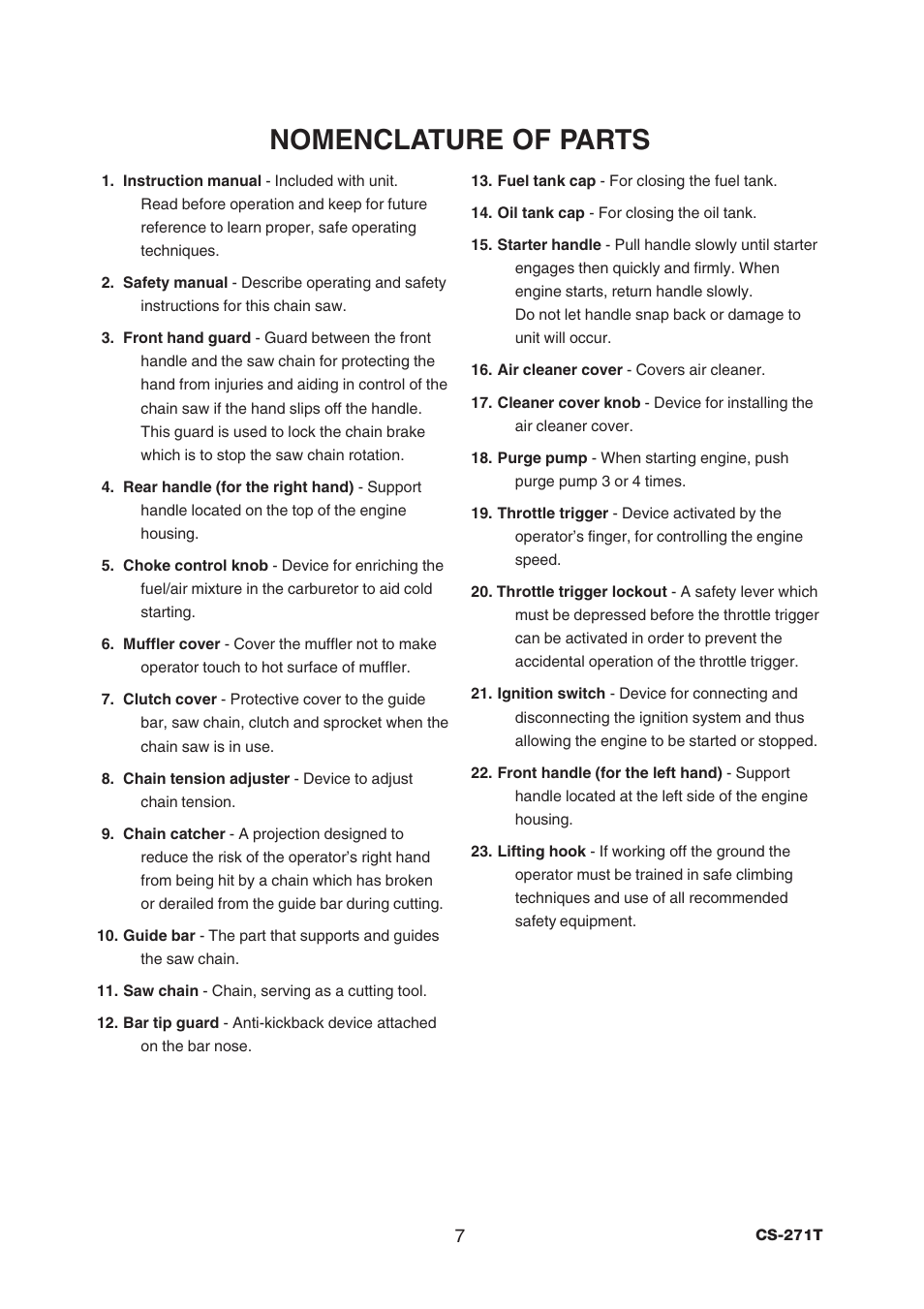 Nomenclature of parts | Echo CS-271T C21112001001 - C21112999999 User Manual | Page 9 / 36