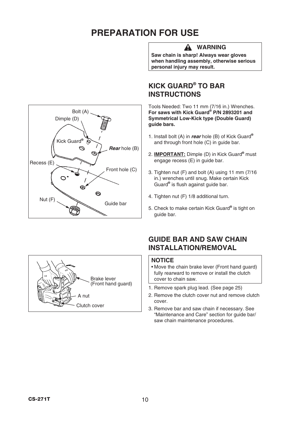 Preparation for use, Kick guard, Guide bar and saw chain installation/removal | Echo CS-271T C26312001001 - C26312999999 User Manual | Page 12 / 36