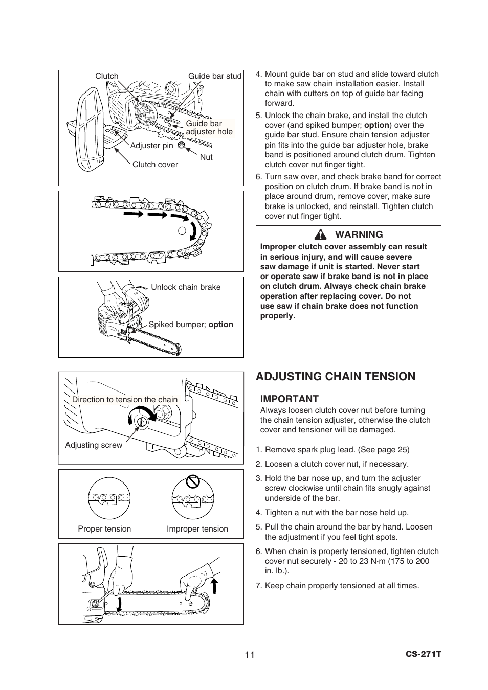 Adjusting chain tension | Echo CS-271T C26312001001 - C26312999999 User Manual | Page 13 / 36