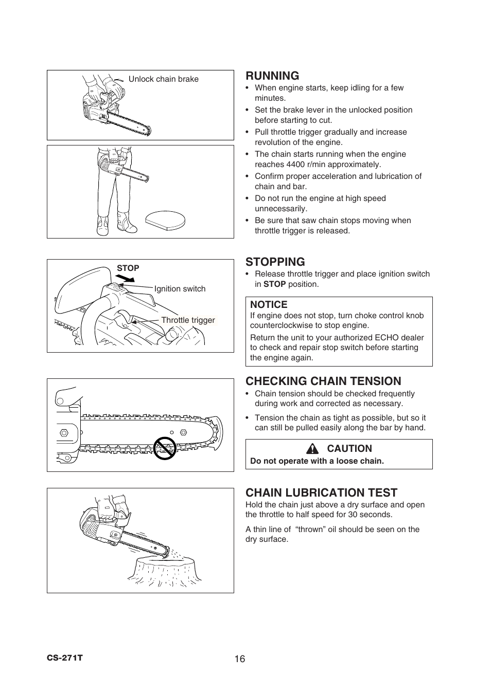 Running, Stopping, Checking chain tension | Chain lubrication test | Echo CS-271T C26312001001 - C26312999999 User Manual | Page 18 / 36