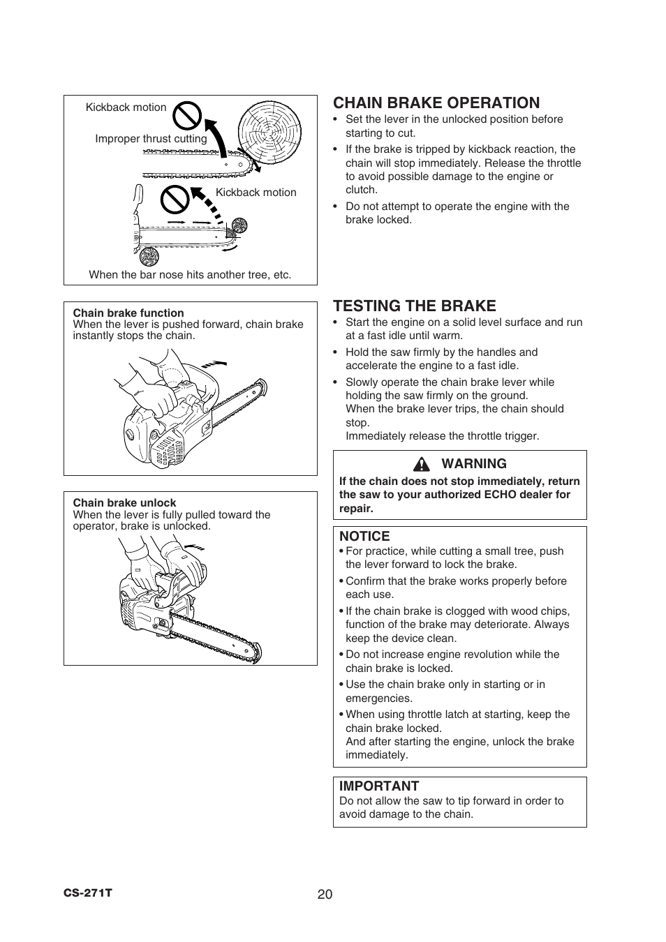 Chain brake operation, Testing the brake | Echo CS-271T C26312001001 - C26312999999 User Manual | Page 22 / 36