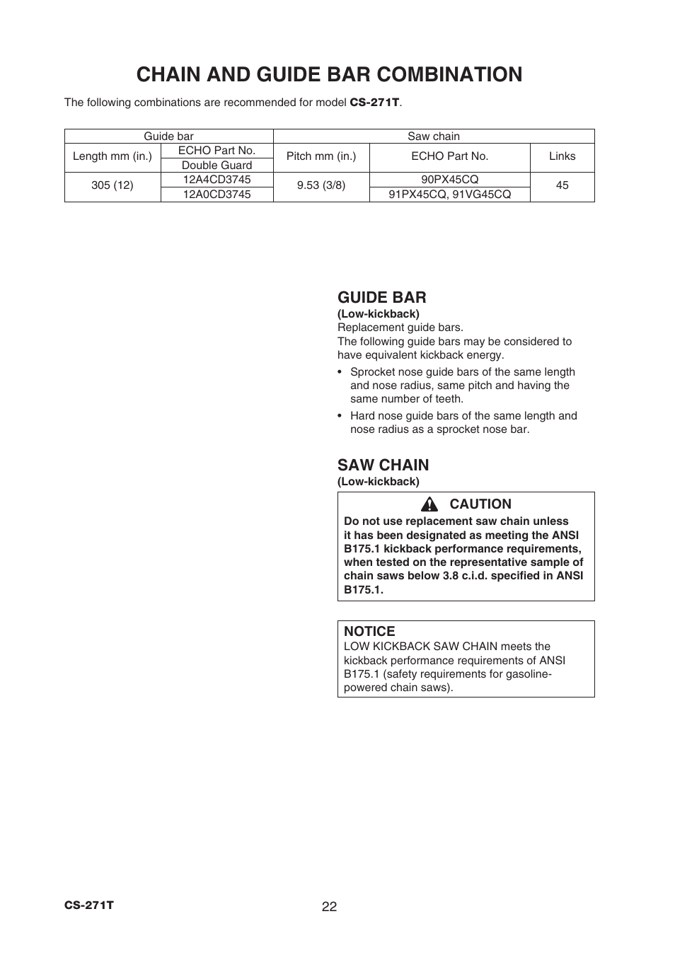 Chain and guide bar combination, Guide bar, Saw chain | Echo CS-271T C26312001001 - C26312999999 User Manual | Page 24 / 36
