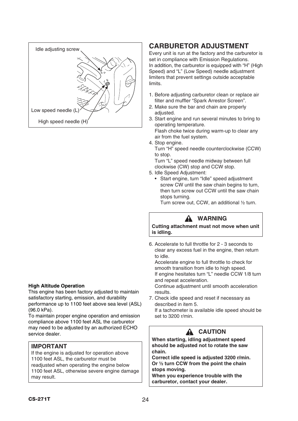 Carburetor adjustment | Echo CS-271T C26312001001 - C26312999999 User Manual | Page 26 / 36