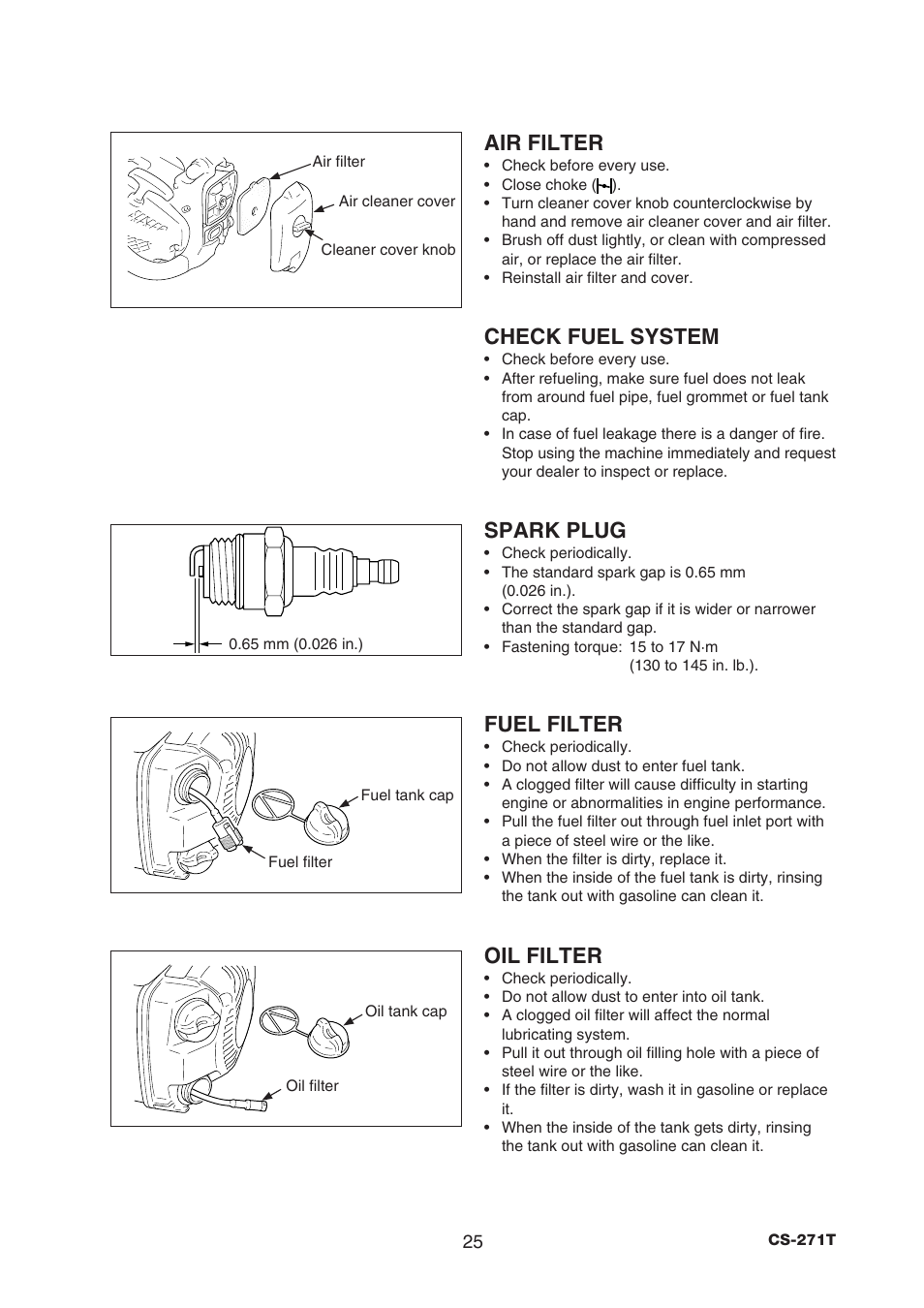 Air filter, Check fuel system, Spark plug | Fuel filter, Oil filter | Echo CS-271T C26312001001 - C26312999999 User Manual | Page 27 / 36