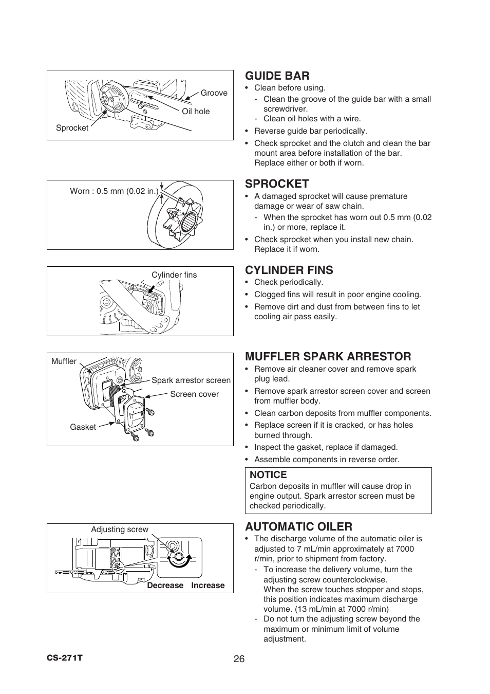 Guide bar, Sprocket, Cylinder fins | Muffler spark arrestor, Automatic oiler | Echo CS-271T C26312001001 - C26312999999 User Manual | Page 28 / 36