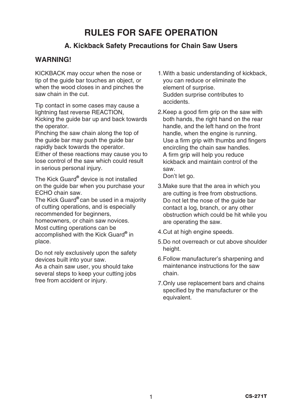 Rules for safe operation | Echo CS-271T C26312001001 - C26312999999 User Manual | Page 3 / 36