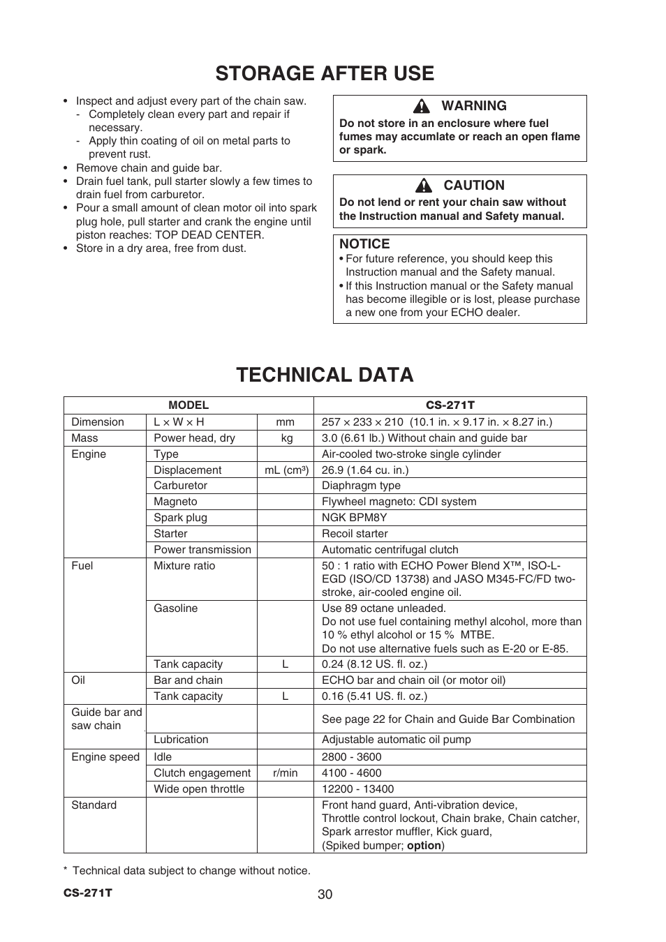 Storage after use, Technical data | Echo CS-271T C26312001001 - C26312999999 User Manual | Page 32 / 36