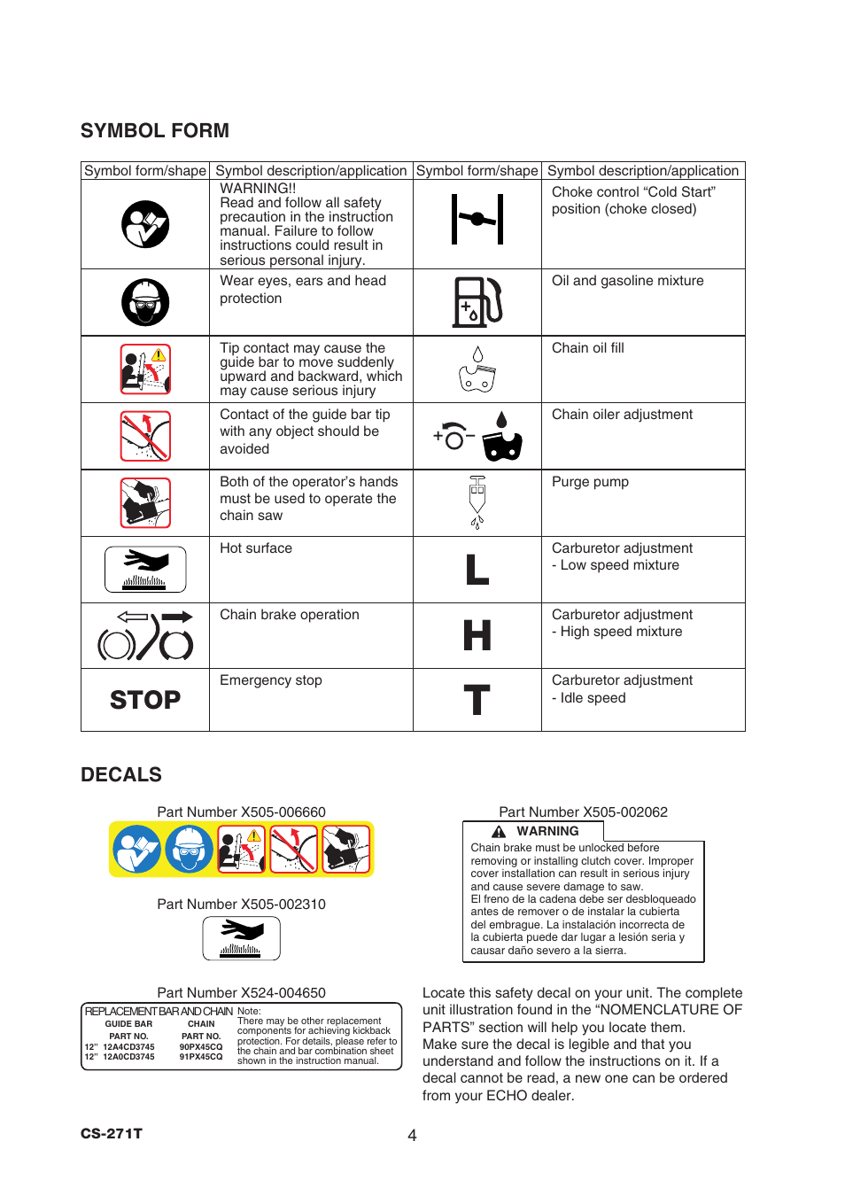 Stop, Symbol form decals | Echo CS-271T C26312001001 - C26312999999 User Manual | Page 6 / 36