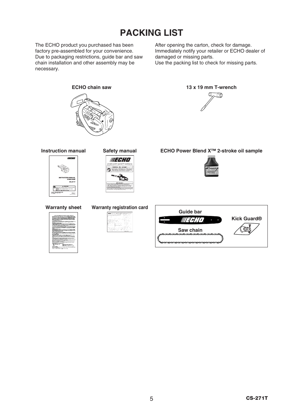 Packing list | Echo CS-271T C26312001001 - C26312999999 User Manual | Page 7 / 36