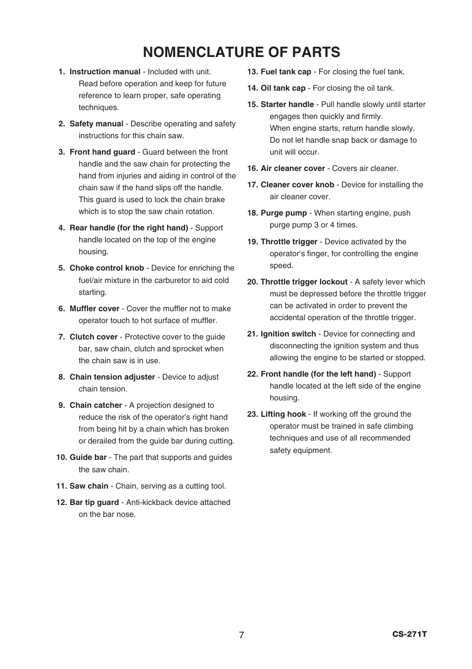 Nomenclature of parts | Echo CS-271T C26312001001 - C26312999999 User Manual | Page 9 / 36