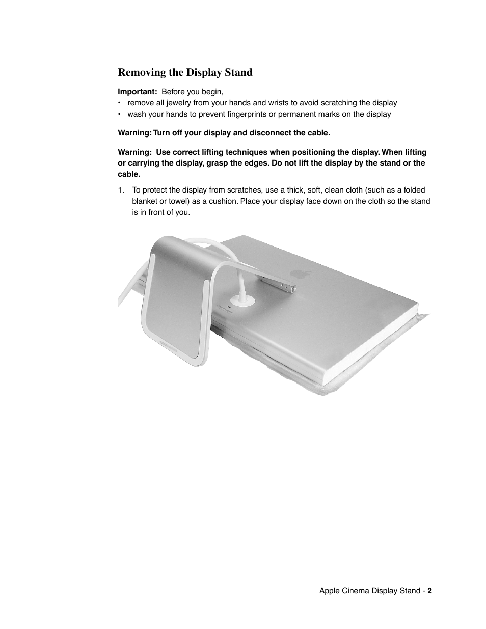 Removing the display stand | Apple Cinema Display (Stand Replacement) User Manual | Page 2 / 5