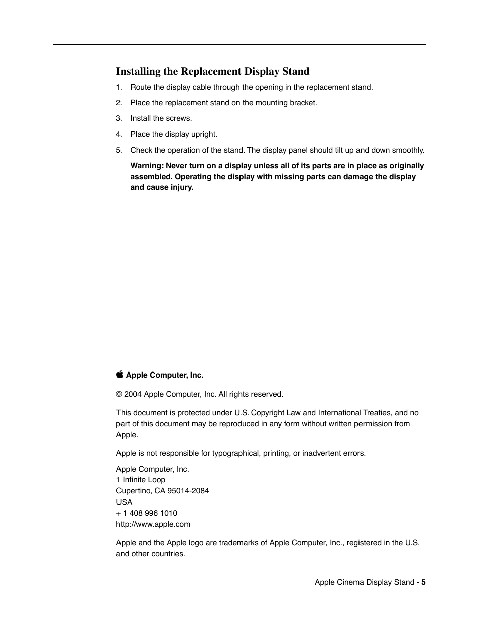 Installing the replacement display stand | Apple Cinema Display (Stand Replacement) User Manual | Page 5 / 5