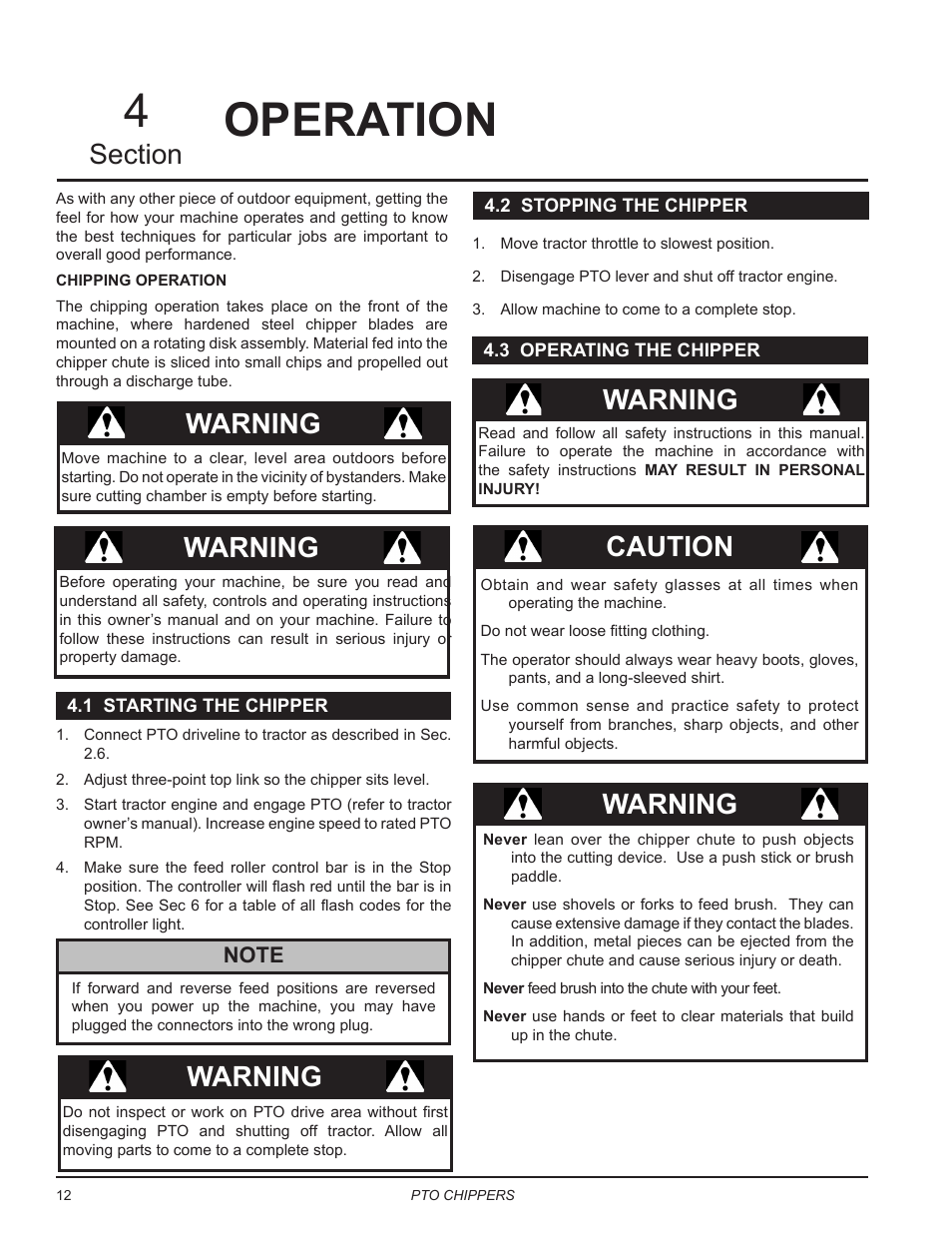 Operation, 1 starting the chipper, 2 stopping the chipper | 3 operating the chipper, Warning, Caution | Echo CH9540H Owners Manual v.7 User Manual | Page 16 / 32