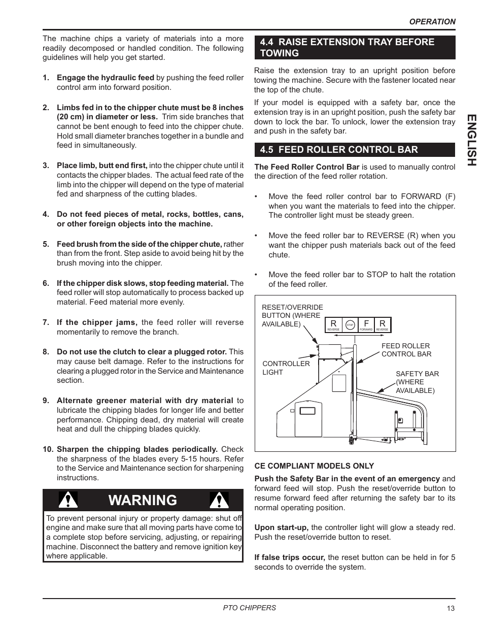 4 raise extension tray before towing, 5 feed roller control bar, Warning | English | Echo CH9540H Owners Manual v.7 User Manual | Page 17 / 32