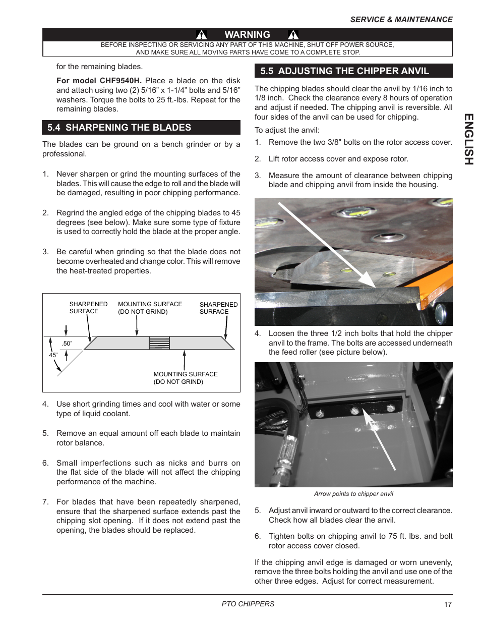 4 sharpening the blades, 5 adjusting the chipper anvil, English | Echo CH9540H Owners Manual v.7 User Manual | Page 21 / 32