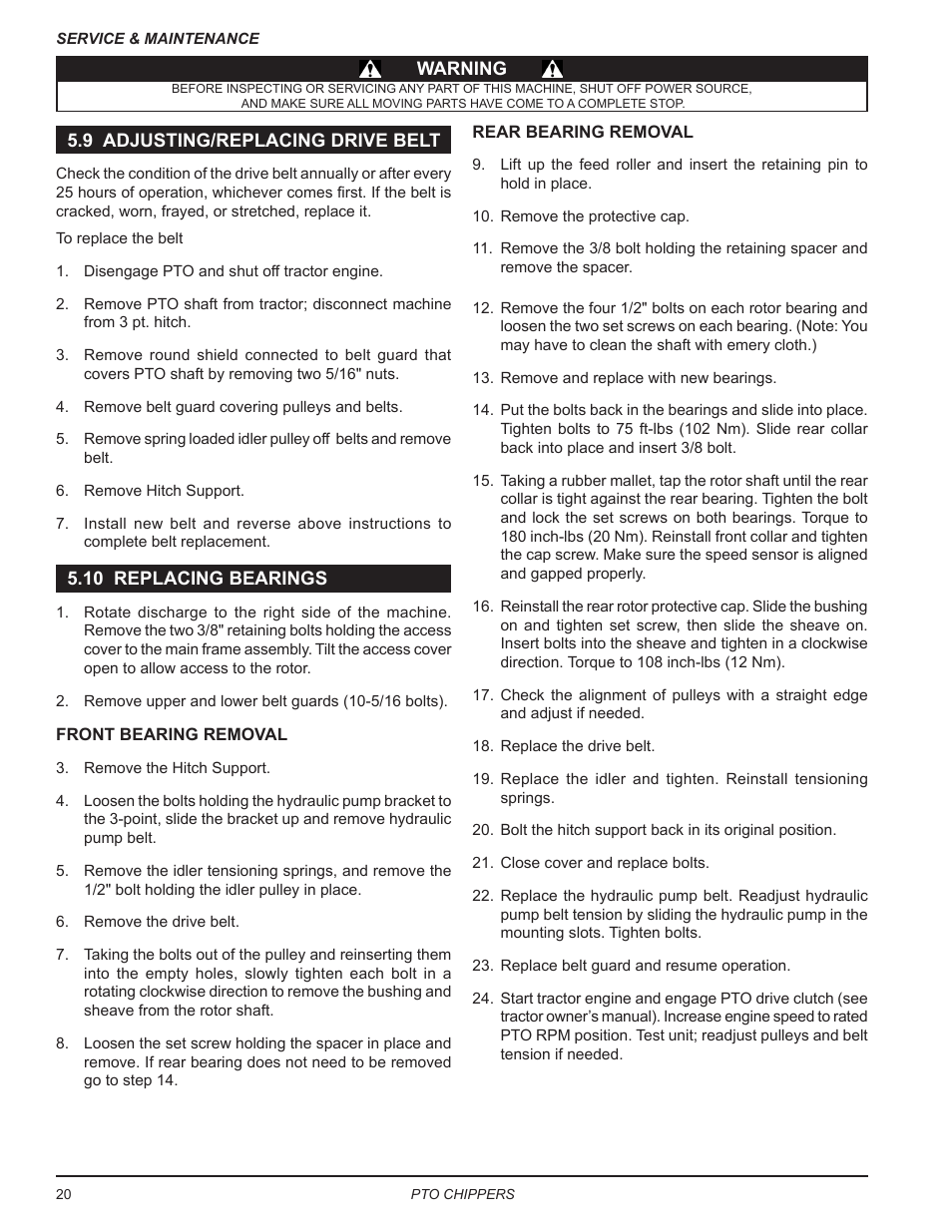 9 adjusting/replacing drive belt, 10 replacing bearings | Echo CH9540H Owners Manual v.7 User Manual | Page 24 / 32