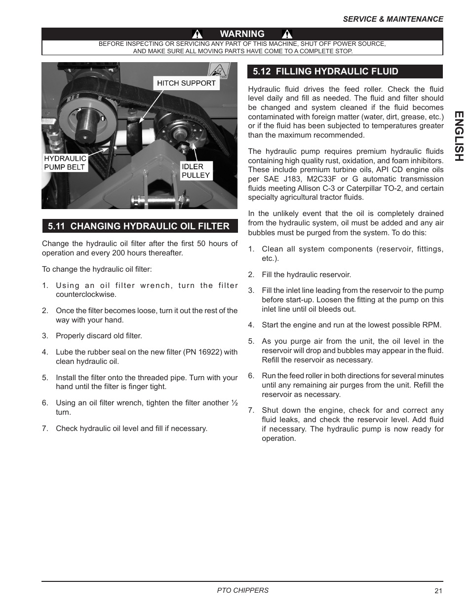 11 changing hydraulic oil filter, 12 filling hydraulic fluid, English | Echo CH9540H Owners Manual v.7 User Manual | Page 25 / 32