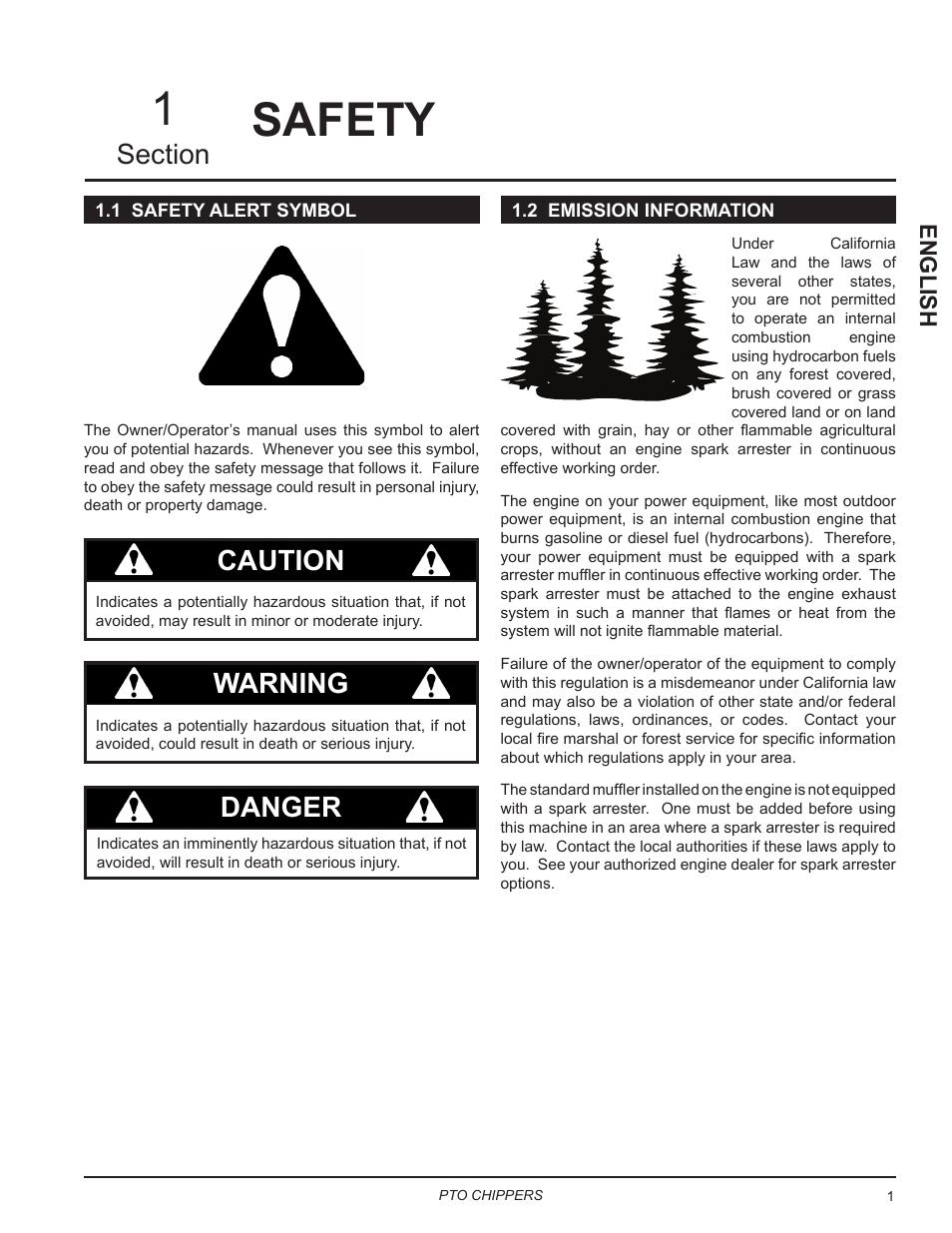 Safety, 1 safety alert symbol, 2 emission information | 1 safety alert symbol 1.2 emission information, Danger, Warning, English | Echo CH9540H Owners Manual v.7 User Manual | Page 5 / 32
