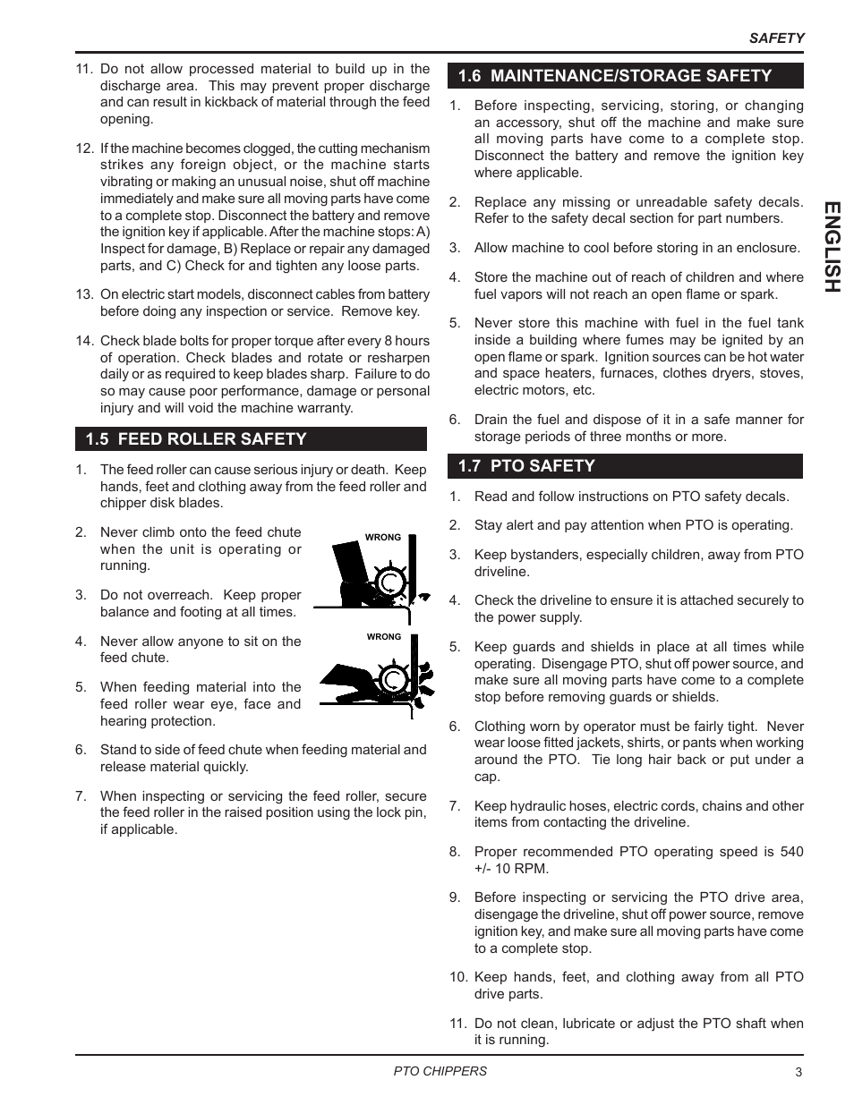 5 feed roller safety, 6 maintenance/storage safety, 7 pto safety | English | Echo CH9540H Owners Manual v.7 User Manual | Page 7 / 32
