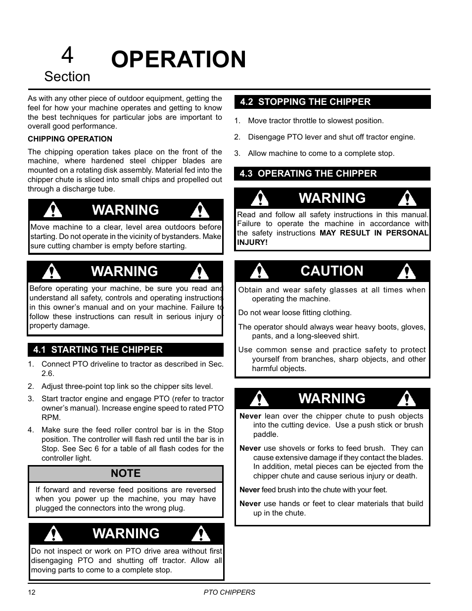 Operation, 1 starting the chipper, 2 stopping the chipper | 3 operating the chipper, Warning, Caution | Echo 76854 User Manual | Page 16 / 31