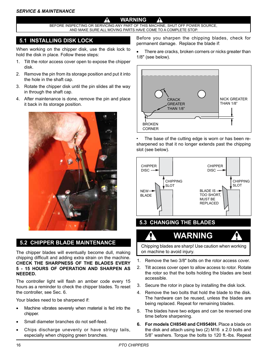 1 installing disk lock, 2 chipper blade maintenance, 3 changing the blades | Warning | Echo 76854 User Manual | Page 20 / 31