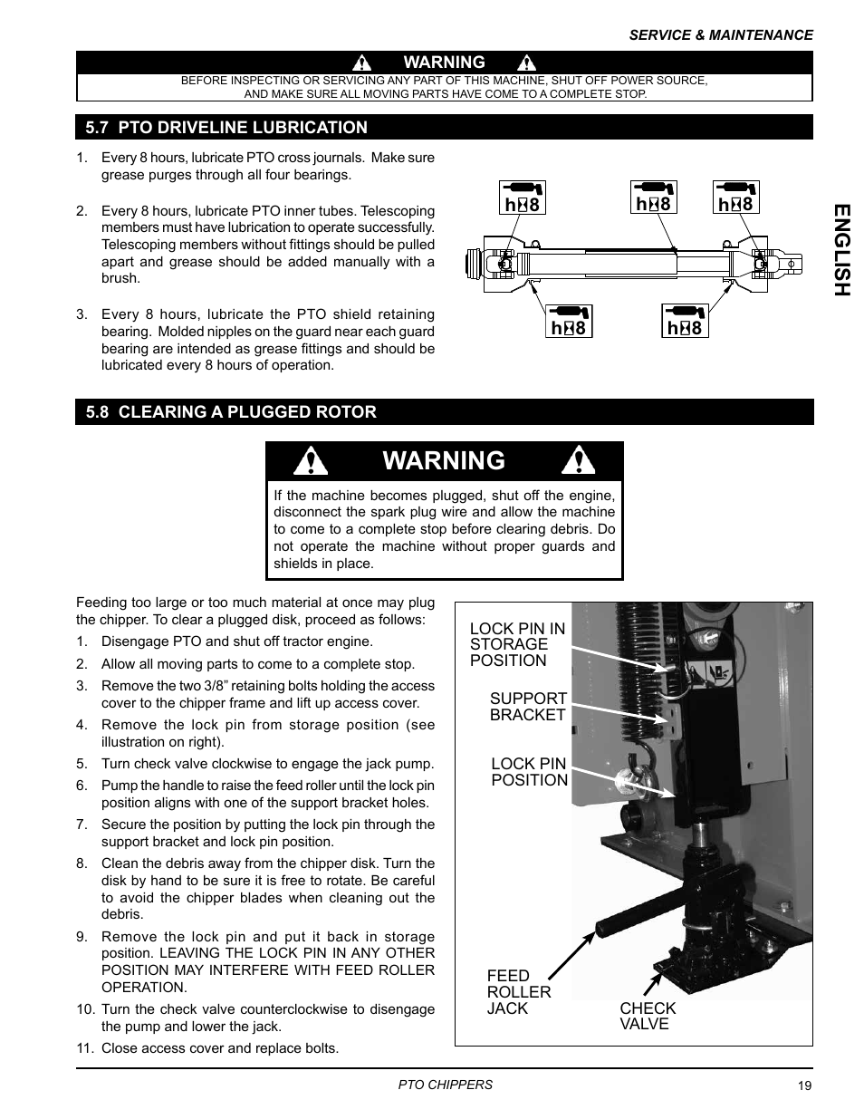 7 pto driveline lubrication, 8 clearing a plugged rotor, Warning | English | Echo 76854 User Manual | Page 23 / 31