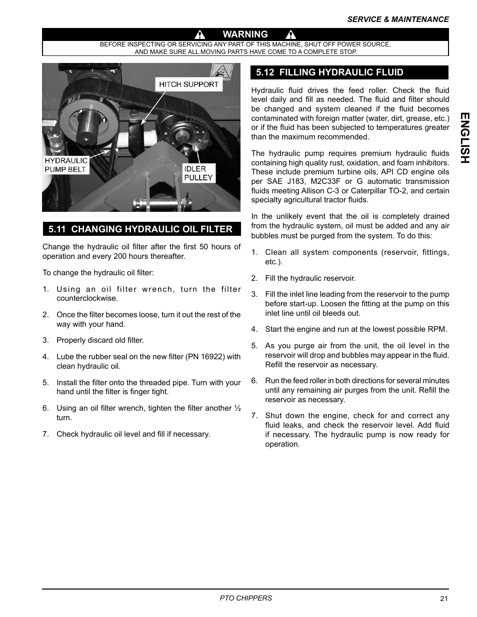 11 changing hydraulic oil filter, 12 filling hydraulic fluid, English | Echo 76854 User Manual | Page 25 / 31