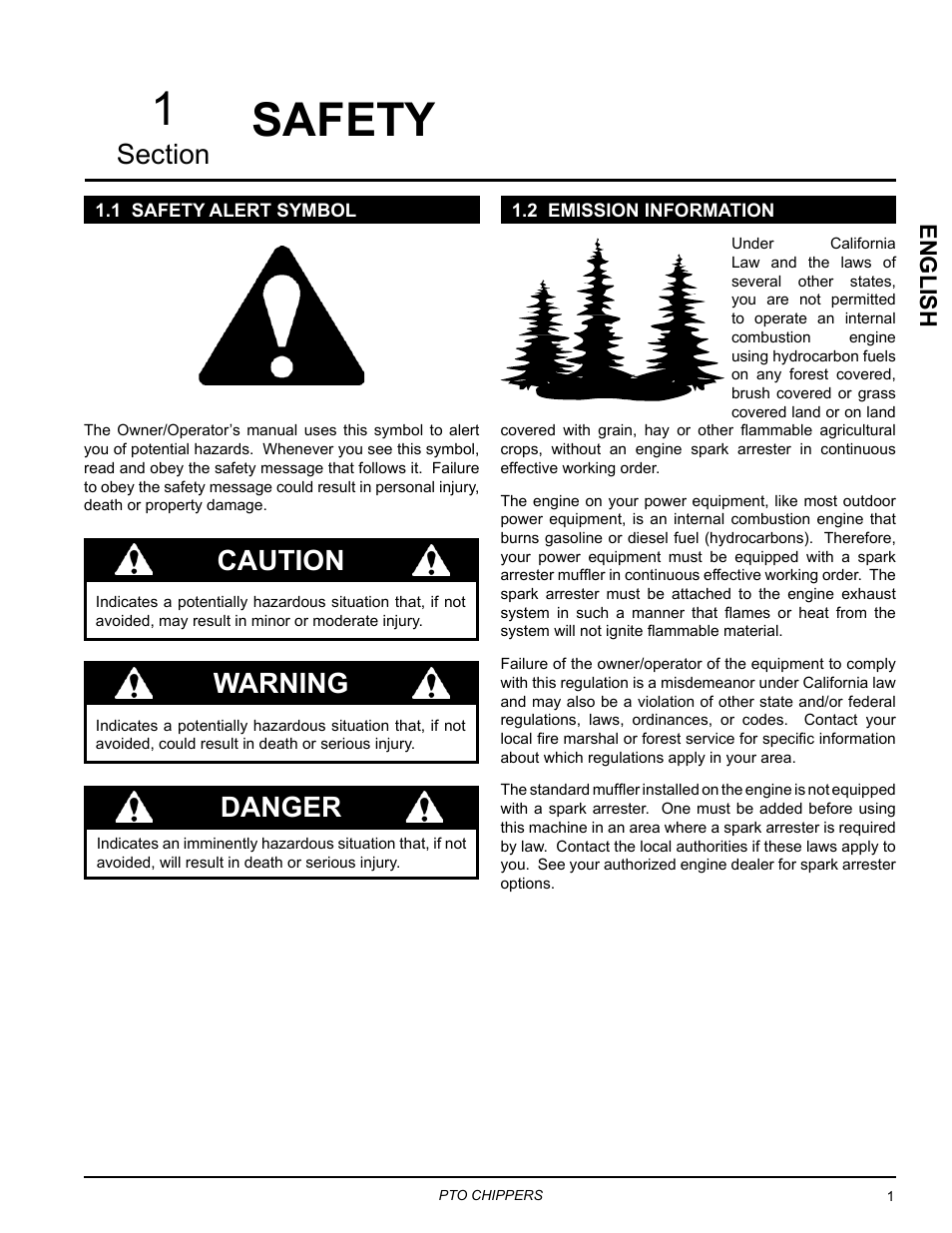 Safety, 1 safety alert symbol, 2 emission information | 1 safety alert symbol 1.2 emission information, Danger, Warning, English | Echo 76854 User Manual | Page 5 / 31