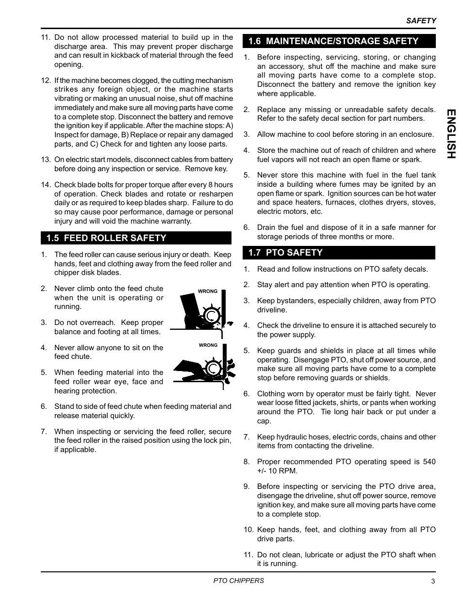 5 feed roller safety, 6 maintenance/storage safety, 7 pto safety | English | Echo 76854 User Manual | Page 7 / 31