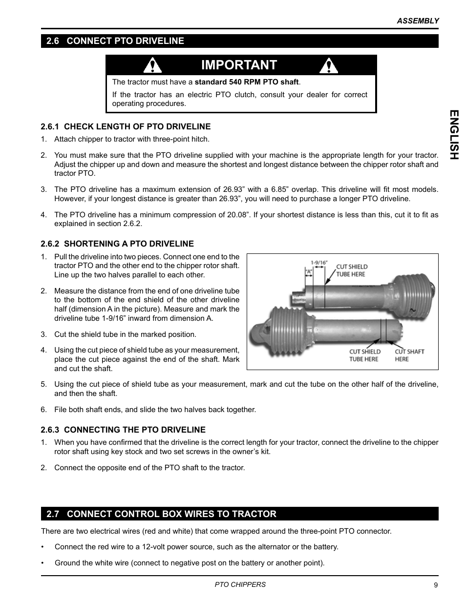 6 connect pto driveline, 7 connect control box wires to tractor, Important | English | Echo CH9540H Owners Manual v.5 User Manual | Page 13 / 33