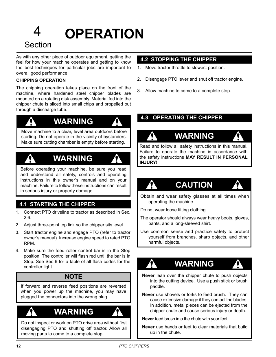 Operation, 1 starting the chipper, 2 stopping the chipper | 3 operating the chipper, 4operation, Warning, Caution warning warning | Echo CH9540H Owners Manual v.5 User Manual | Page 16 / 33