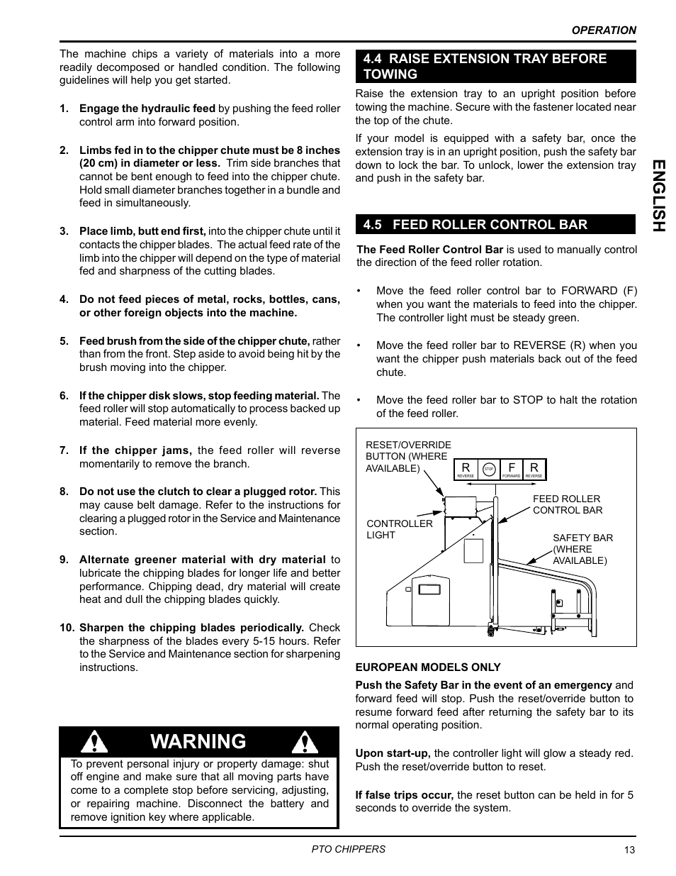 4 raise extension tray before towing, 5 feed roller control bar, Warning | English | Echo CH9540H Owners Manual v.5 User Manual | Page 17 / 33