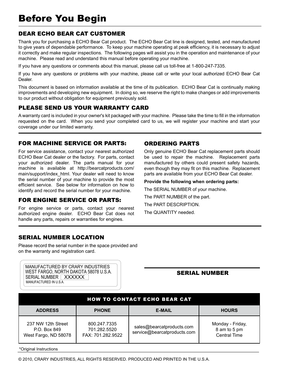 Before you begin | Echo CH9540H Owners Manual v.5 User Manual | Page 2 / 33
