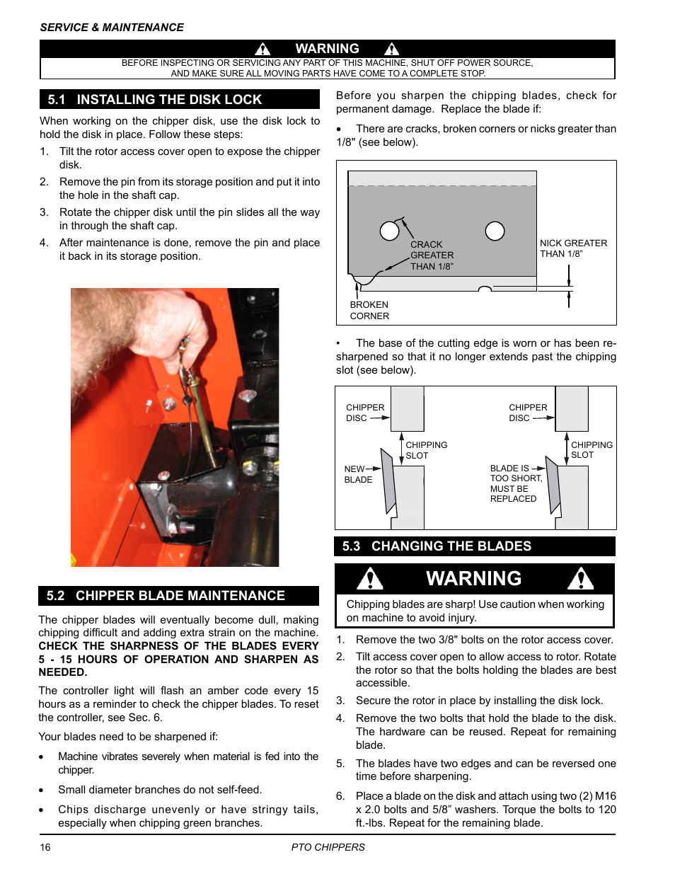 1 installing the disk lock, 2 chipper blade maintenance, 3 changing the blades | Warning | Echo CH9540H Owners Manual v.5 User Manual | Page 20 / 33
