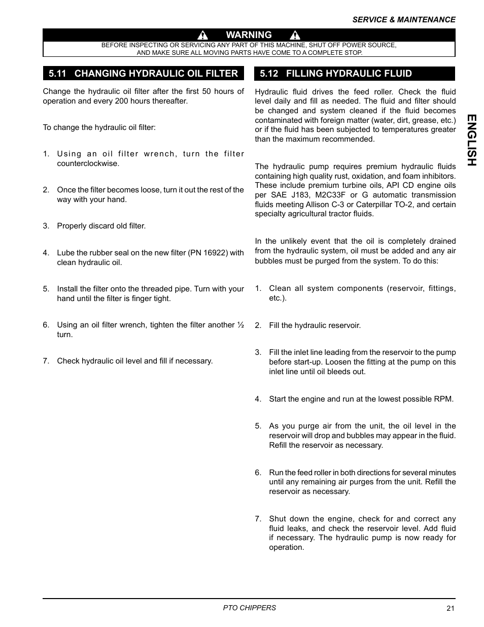 11 changing hydraulic oil filter, 12 filling hydraulic fluid, English | Echo CH9540H Owners Manual v.5 User Manual | Page 25 / 33