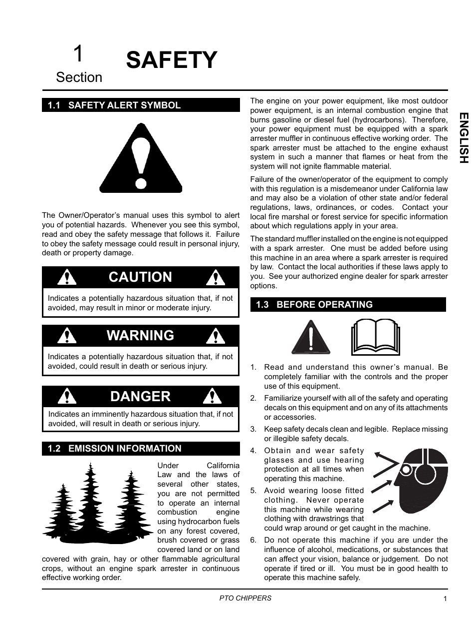 Safety, 1 safety alert symbol, 2 emission information | 3 before operating, Danger, Warning, English | Echo CH9540H Owners Manual v.5 User Manual | Page 5 / 33
