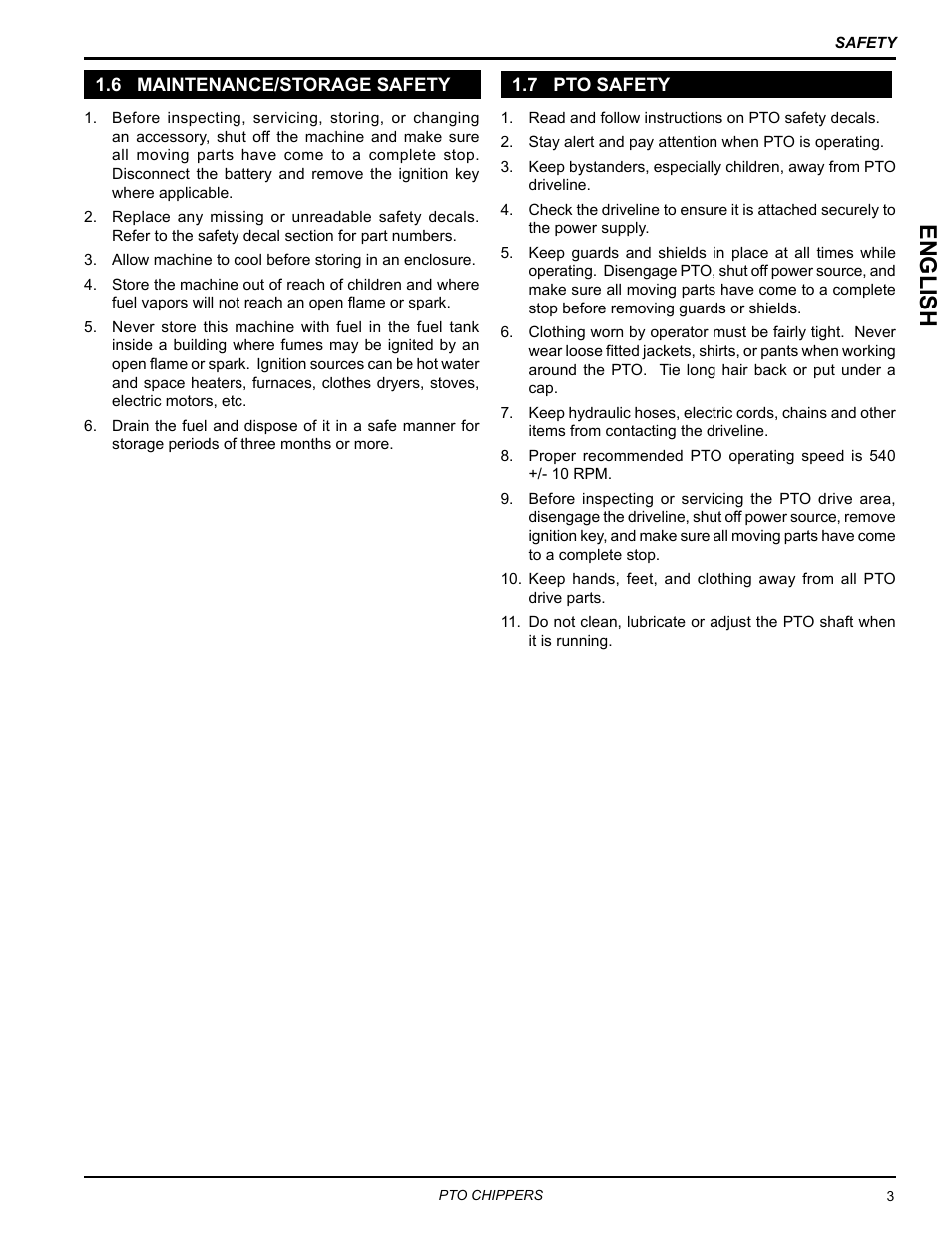 6 maintenance/storage safety, 7 pto safety, 6 maintenance/storage safety 1.7 pto safety | English | Echo CH9540H Owners Manual v.5 User Manual | Page 7 / 33