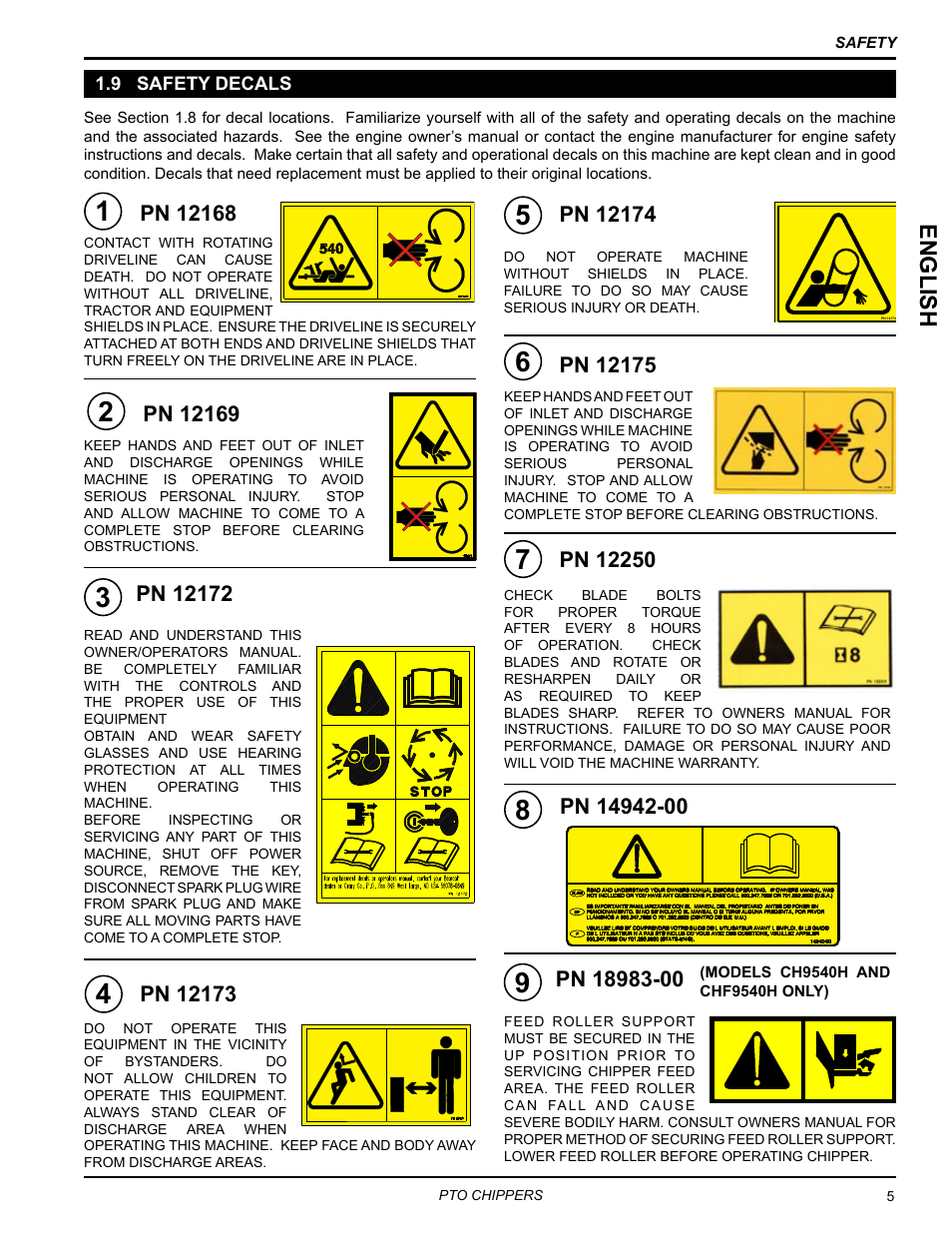 9 safety decals, English | Echo CH9540H Owners Manual v.5 User Manual | Page 9 / 33