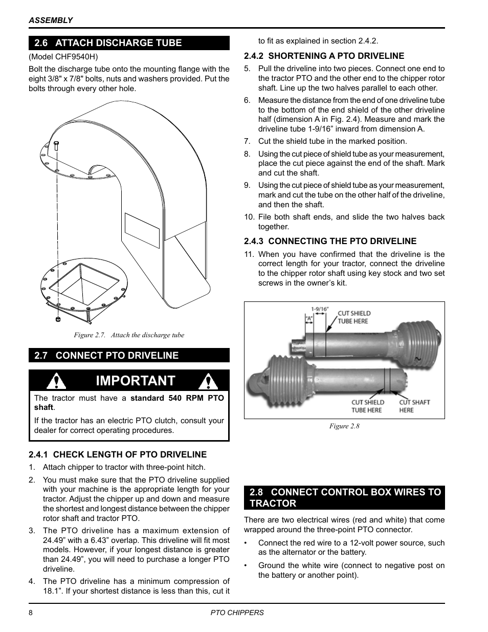 6 attach discharge tube, 7 connect pto driveline, 8 connect control box wires to tractor | Important | Echo CH9540H Owners Manual v.4 User Manual | Page 12 / 30