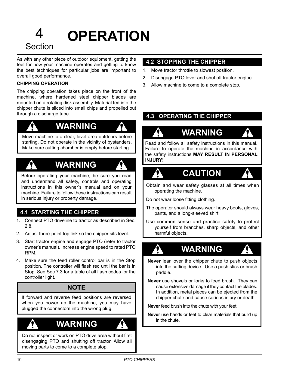 Operation, 1 starting the chipper, 2 stopping the chipper | 3 operating the chipper, Warning, Caution warning warning | Echo CH9540H Owners Manual v.4 User Manual | Page 14 / 30