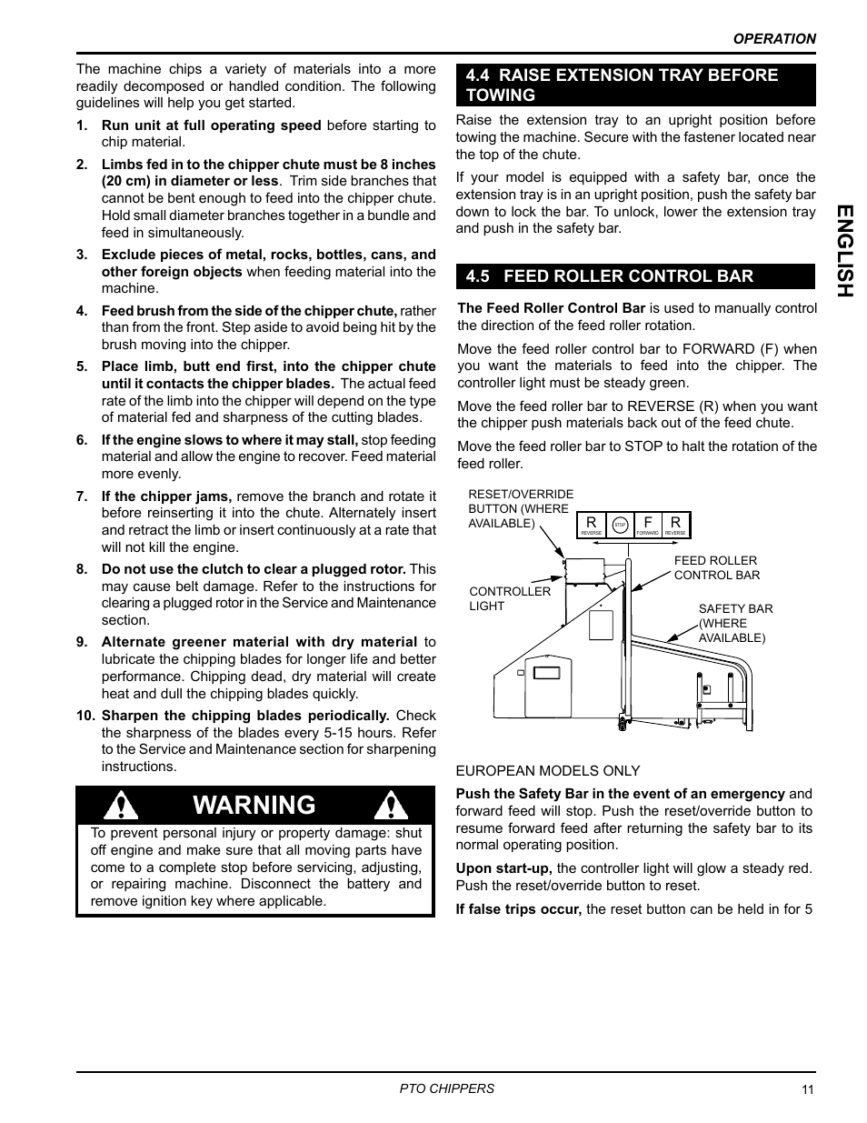 4 raise extension tray before towing, 5 feed roller control bar, Warning | English | Echo CH9540H Owners Manual v.4 User Manual | Page 15 / 30