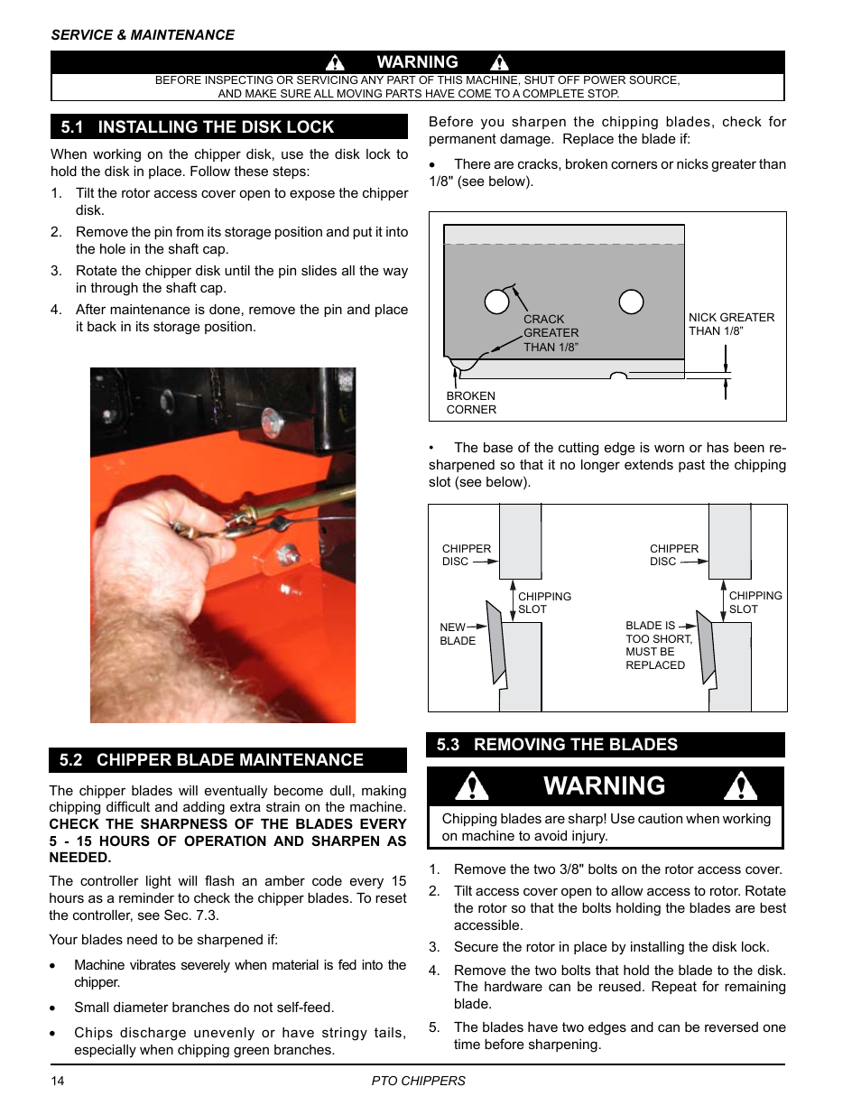 1 installing the disk lock, 2 chipper blade maintenance, 3 removing the blades | Warning | Echo CH9540H Owners Manual v.4 User Manual | Page 18 / 30