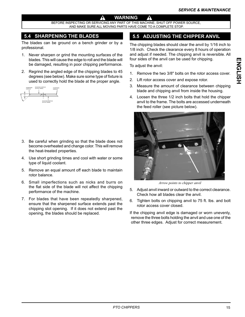 4 sharpening the blades, 5 adjusting the chipper anvil, English | Warning 5.5 adjusting the chipper anvil | Echo CH9540H Owners Manual v.4 User Manual | Page 19 / 30