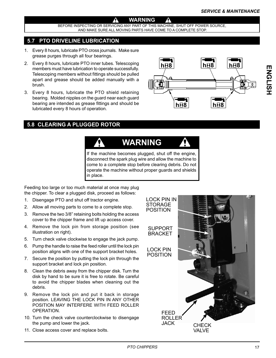 7 pto driveline lubrication, 8 clearing a plugged rotor, Warning | English | Echo CH9540H Owners Manual v.4 User Manual | Page 21 / 30