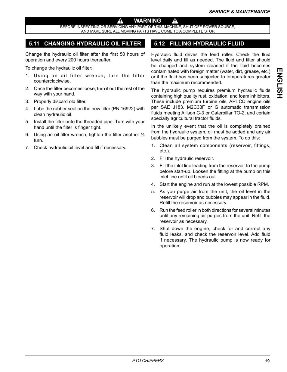 11 changing hydraulic oil filter, 12 filling hydraulic fluid, English | Echo CH9540H Owners Manual v.4 User Manual | Page 23 / 30