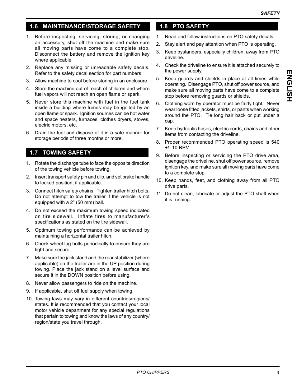 6 maintenance/storage safety, 7 towing safety, 8 pto safety | English | Echo CH9540H Owners Manual v.4 User Manual | Page 7 / 30