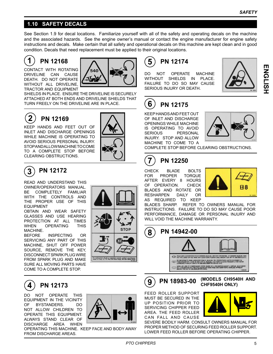 10 safety decals, English | Echo CH9540H Owners Manual v.4 User Manual | Page 9 / 30